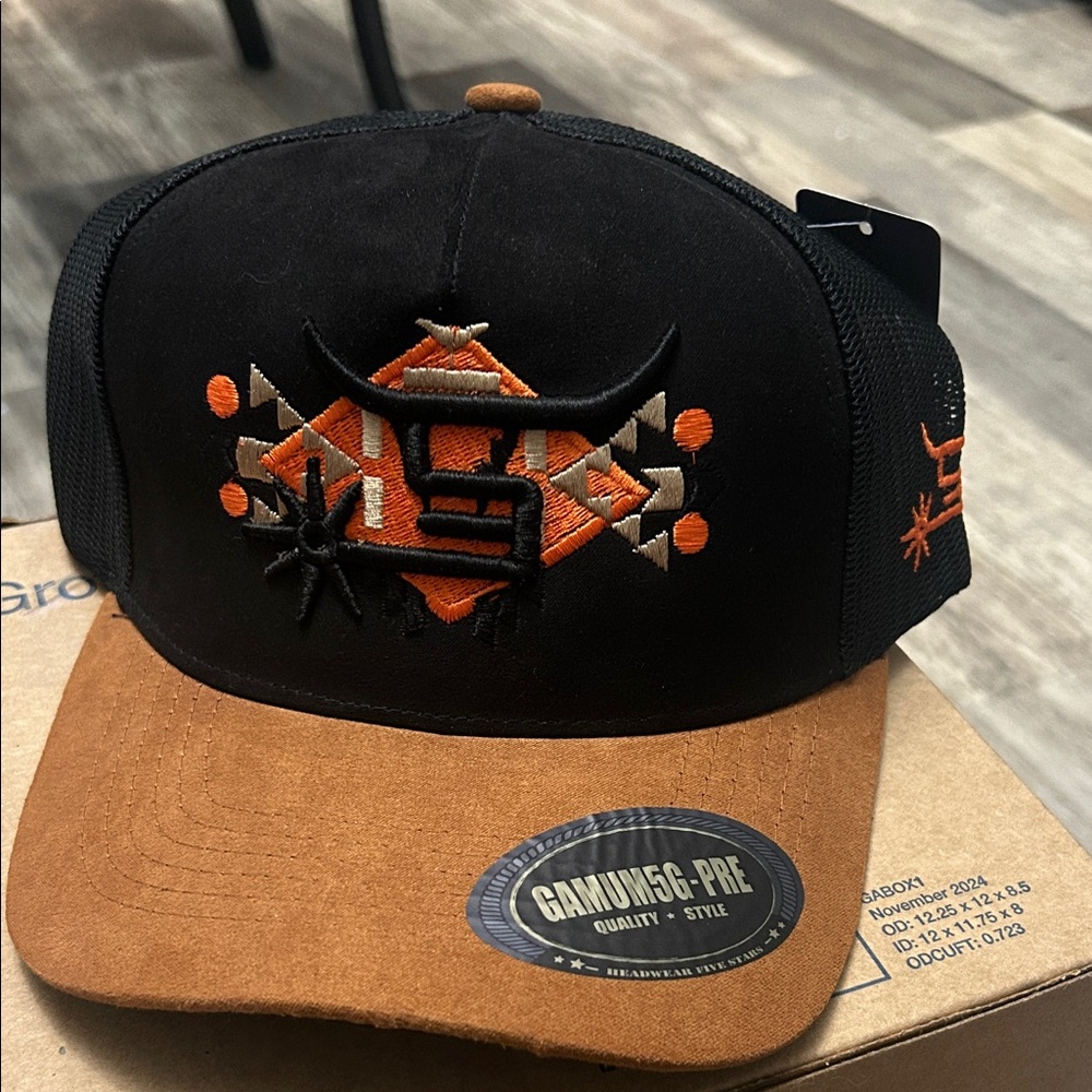 Black and Brown Cap with Orange Embroidery